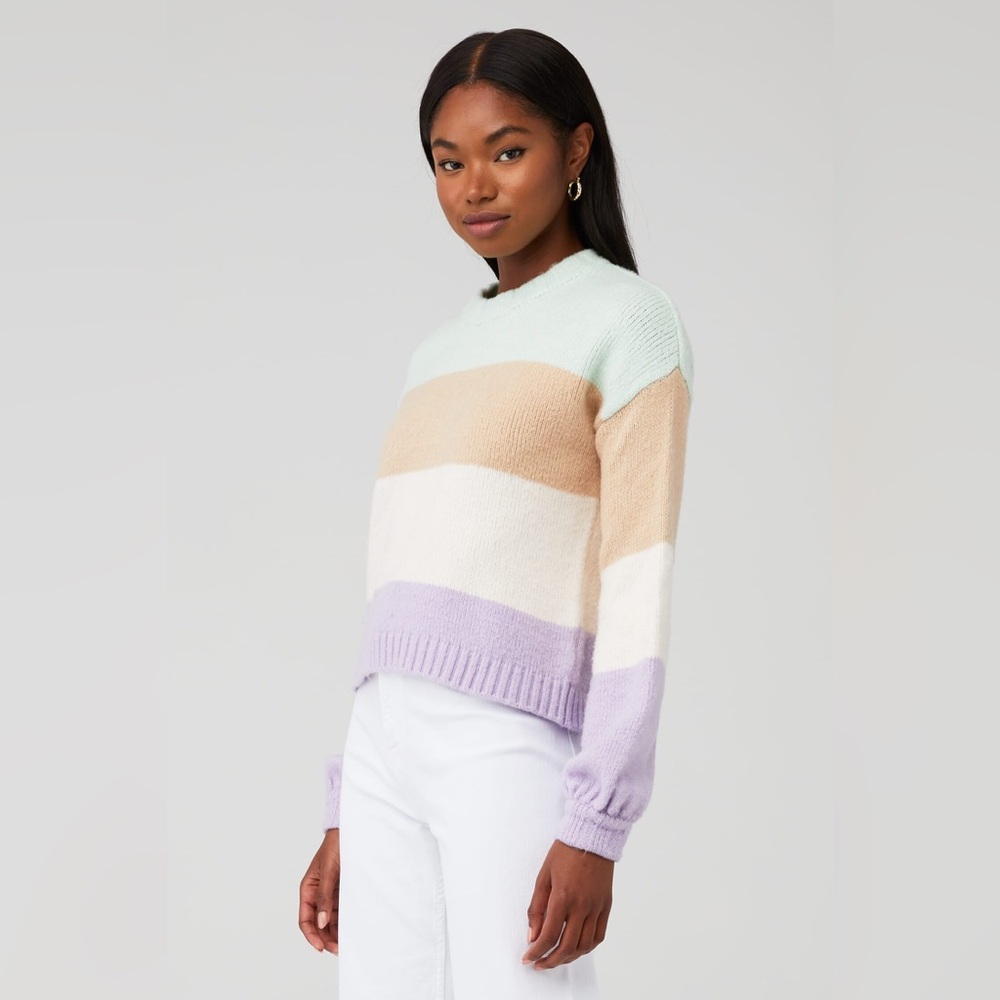 For Love & Lemons Hailey Multicolor Striped Sweater Size Medium White Tan Green